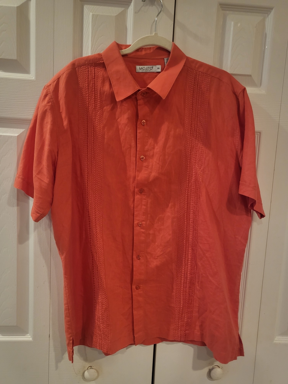 Mojito Collection Coral Orange Embroidered Pintuck Guayabera Shirt 2X